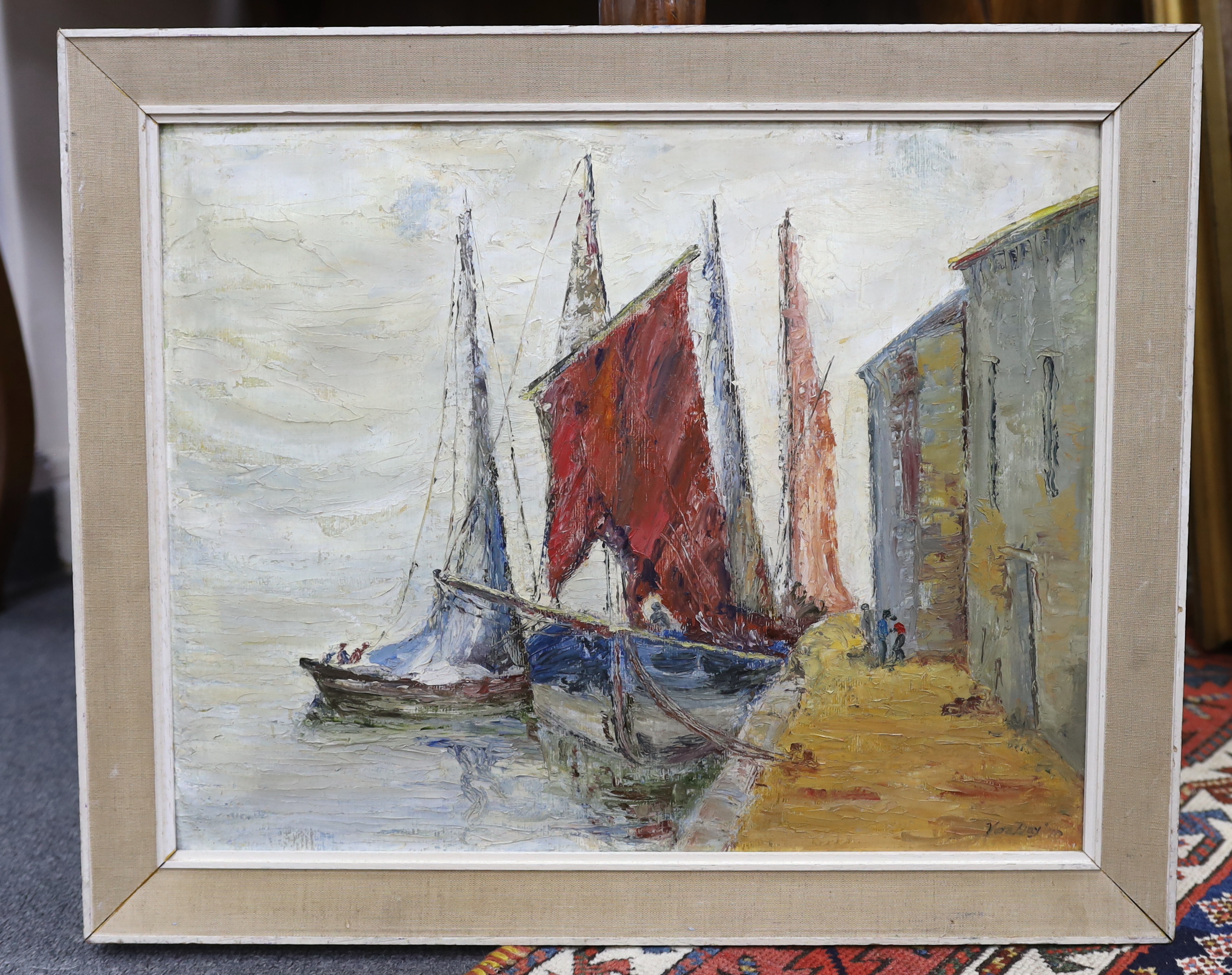 Vera Day, oil on canvas, Fishing boats in harbour, signed and dated '70, 40 x 50cm